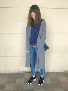 「earth music&ecology（アースミュージックアンドエコロジー）のアイテム（カーディガン/ボレロ、グレー系）」を使った、みーさんさん（レディース・161cm）の夏コーディネート