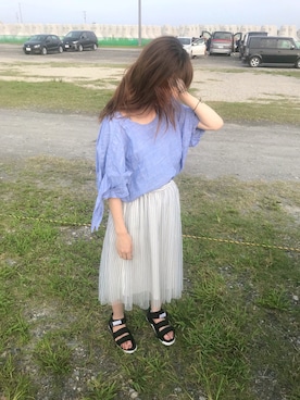 「brand ?（ブランド ?）のアイテム（シャツ/ブラウス、ブルー系）」を使った、みーさんさん（レディース・161cm）の夏コーディネート