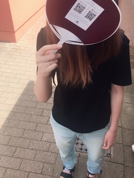 「CIAOPANIC TYPY（チャオパニックティピー）のサーマルクルーTEE（Tシャツ/カットソー、ブラック系）」を使った、みーさんさん（レディース・161cm）の夏コーディネート