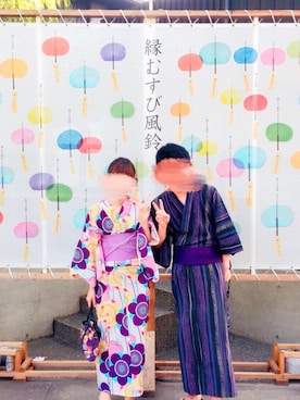 「川越氷川神社のアイテム（浴衣、パープル系）」を使った、みーさんさん（レディース・161cm）の夏コーディネート