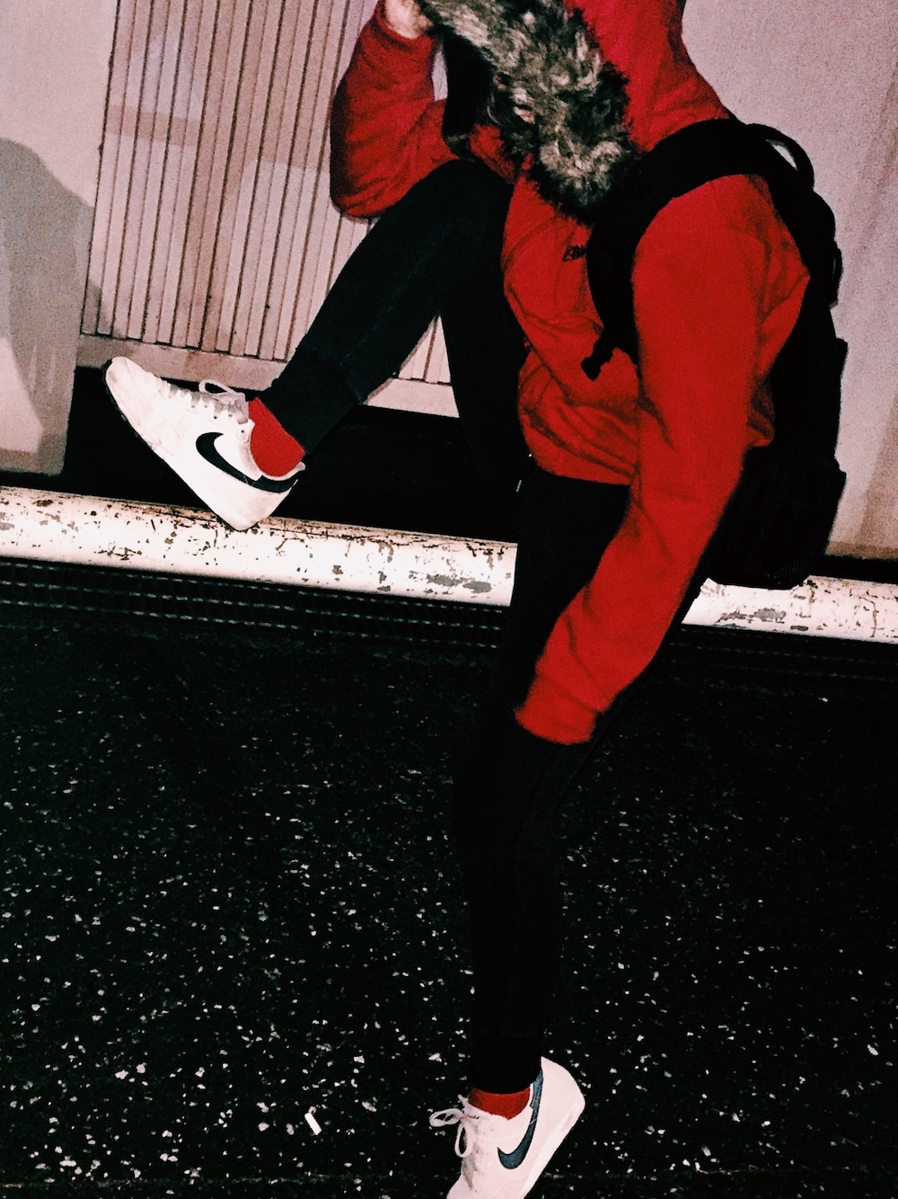 「ドラフトナイキ、ootd、goodwear、おしゃれさんと繋がりたい、ナイキ」｜「STUSSYのアイテム（ブルゾン、レッド系）」を使った、tentoさん（レディース・155cm）の冬コーディネートの1枚目の写真