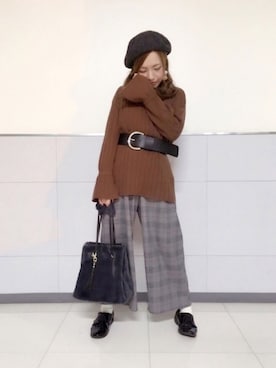 「グレンチェック」｜「アイテム（ハンチング/ベレー帽）」を使った、*mi*さん（レディース・153cm）の秋コーディネート