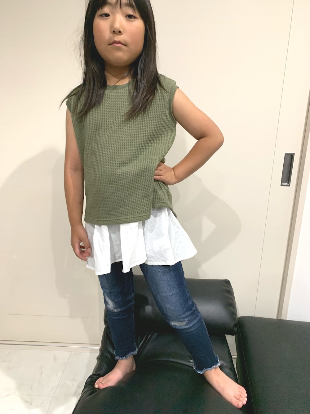 「女の子コーデ、ブランシェス」｜「BRANSHESのワッフルタンクトップ（タンクトップ、グリーン系）」を使った、miriiさん（キッズ・120cm）の夏コーディネートの1枚目の写真