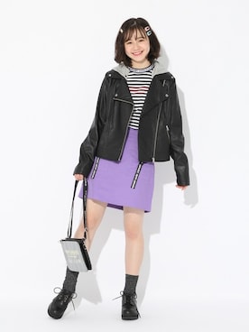 「ボーダートップス」｜「アイテム（ライダースジャケット）」を使った、repipi_armarioさん（レディース・163cm）の冬コーディネート