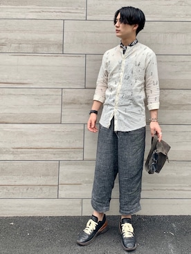 「ノーカラーシャツ」｜「アイテム（アナログ腕時計）」を使った、快晴さん（メンズ・164cm）の夏コーディネート