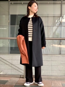 「green label relaxing（グリーンレーベルリラクシング）のアイテム（ノーカラーコート）」を使った、ando_yさん（レディース・157cm）の冬コーディネート
