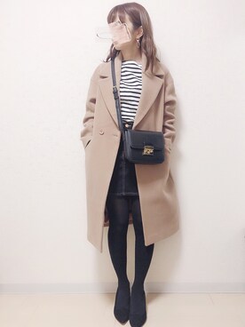「ミニスカート」｜「アイテム（チェスターコート）」を使った、ｎａｎａ♡さん（レディース・153cm）の冬コーディネート