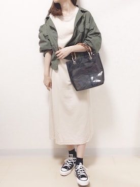 「Chaco closet（チャコ クローゼット）のバルーンスリーブ7分袖ポケット付きミニ裏毛Aラインスウェットワンピース（ワンピース）」を使った、ｎａｎａ♡さん（レディース・153cm）の夏コーディネート