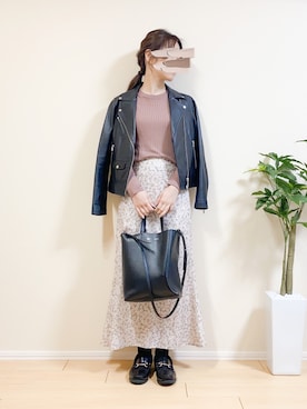 「くすみピンク」｜「アイテム（ライダースジャケット）」を使った、ｎａｎａ♡さん（レディース・153cm）の冬コーディネート
