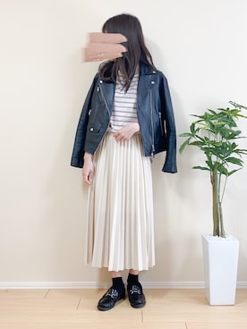「ボーダートップス」｜「アイテム（ライダースジャケット）」を使った、ｎａｎａ♡さん（レディース・153cm）の春コーディネート