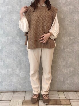 「one after another NICE CLAUP（ワンアフターアナザーナイスクラップ）のアイテム（バレエシューズ、ゴールド系）」を使った、tomoさん（レディース・151cm）の秋コーディネート
