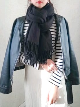 「ボーダートップス」｜「アイテム（ライダースジャケット）」を使った、michanさん（レディース・160cm）の冬コーディネート