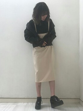「BARAK（バラク）のアイテム（ライダースジャケット）」を使った、BARAKさん（レディース・159cm）の春コーディネート