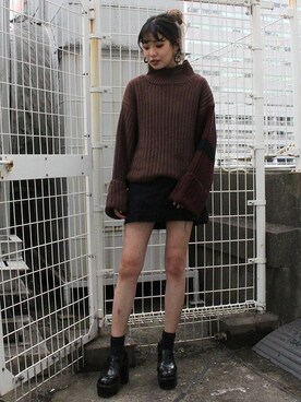 「ボリュームニット」｜「アイテム（ローファー）」を使った、BARAKさん（レディース・160cm）の冬コーディネート
