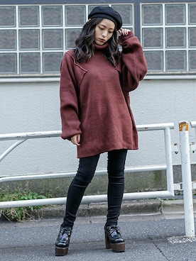 「オープンショルダー」｜「アイテム（帽子）」を使った、BARAKさん（レディース・152cm）の秋コーディネート