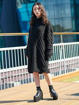 「ケーブルニット」｜「アイテム（ブーティ）」を使った、BARAKさん（レディース・152cm）の冬コーディネート