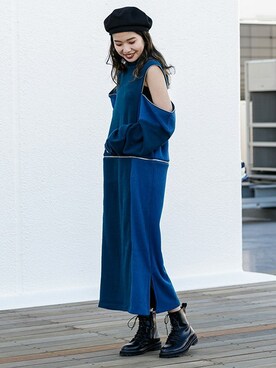 「オープンショルダー」｜「アイテム（帽子）」を使った、BARAKさん（レディース・160cm）の冬コーディネート