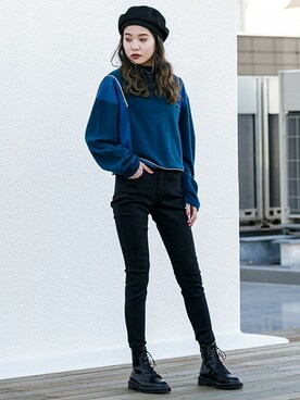 「オープンショルダー」｜「アイテム（帽子）」を使った、BARAKさん（レディース・160cm）の冬コーディネート