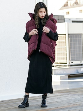 「アイテム（ダウンベスト、レッド系）」を使った、BARAKさん（レディース・160cm）の冬コーディネート