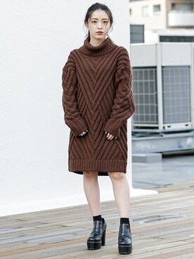 「ボリュームニット」｜「アイテム（ワンピース）」を使った、BARAKさん（レディース・152cm）の冬コーディネート