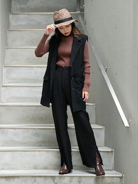 「ブラウン×ブラック」｜「アイテム（帽子）」を使った、BARAKさん（レディース・160cm）の秋コーディネート