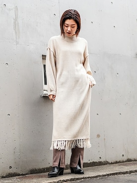 「ロングニット」｜「アイテム（ワンピース/ドレス）」を使った、BARAKさん（レディース・162cm）の冬コーディネート