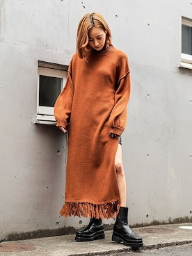 「ロングニット」｜「アイテム（ワンピース/ドレス）」を使った、BARAKさん（レディース・160cm）の冬コーディネート