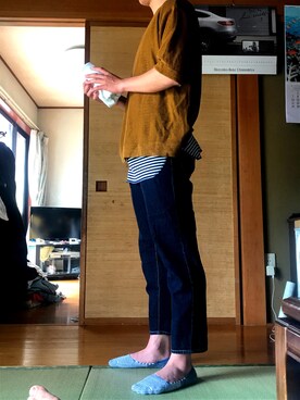 「GU（ジーユー）のアイテム（デニムパンツ、ブルー系）」を使った、なぎ兄弟さん（メンズ・161cm）の春コーディネート