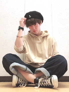 「BROWNY（ブラウニー）のアイテム（パーカー、ベージュ系）」を使った、yuuuuさん（メンズ・172cm）の秋コーディネート