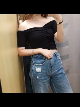 「Bershka（ベルシュカ）のアイテム（トップス、ブラック系）」を使った、ゆりりんさん（レディース・163cm）の夏コーディネート