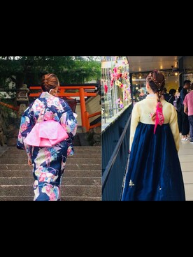 「浴衣のアイテム（ドレス、ブルー系）」を使った、ゆりりんさん（レディース・163cm）の夏コーディネート