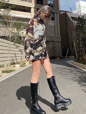 「ENVYM（アンビー）のＬＡＣＥ ＵＰロングブーツ（ブーツ）」を使った、envym_sakuraさん（レディース・163cm）の冬コーディネート