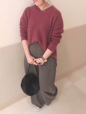 「Green　Parks（グリーンパークス）の・リブカットワイドパンツ（その他パンツ）」を使った、こながたさん（レディース・158cm）の秋コーディネート