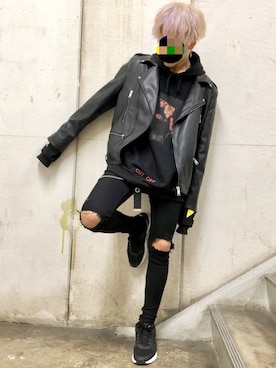 「off white」｜「アイテム（ライダースジャケット）」を使った、じぇーぴーさん（メンズ・170cm）の秋コーディネート