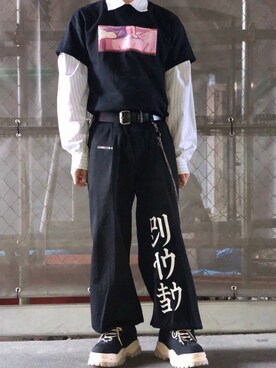 「LONELY/論理（ロンリー）のアイテム（パンツ）」を使った、kk.sakanaさん（メンズ・172cm）の秋コーディネート
