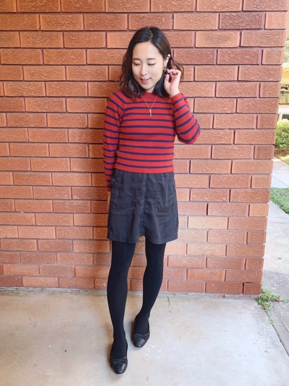 「perle peche、H&M、ZARA、Sarah & Sebastian、stripe、ballet shoes」｜「Perle Pecheのアイテム（ニット/セーター、レッド系）」を使った、𝒩𝑒𝓀𝑜さん（レディース・145cm）の夏コーディネートの1枚目の写真