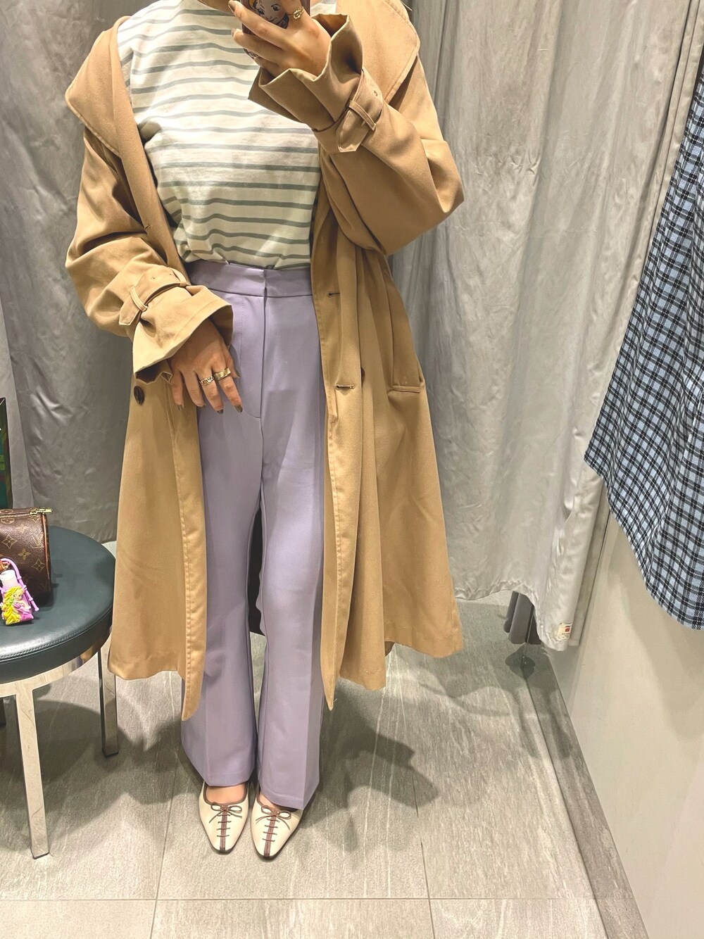 「春コーデ、休日スタイル、おしゃれさんと繋がりたい、シンプルコーデ、春カラー、春アウター、パンツスタイル、パステルカラー、アースミュージック＆エコロジー、GU」｜「RANDAのアイテム（パンプス、ベージュ系）」を使った、Nagisaさん（レディース・157cm）の春コーディネートの1枚目の写真