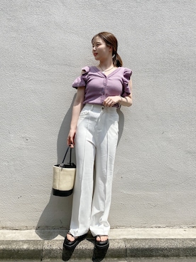 「オープンショルダー」｜「アイテム（スラックス）」を使った、nagochanさん（レディース・156cm）の春コーディネート