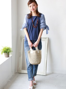 「アイテム（かごバッグ）」を使った、REALCUBEさん（レディース・163cm）の春コーディネート