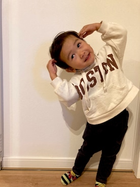 「アイテム（レッグウェア、グリーン系）」を使った、7to3kiさん（キッズ・90cm）の秋コーディネート