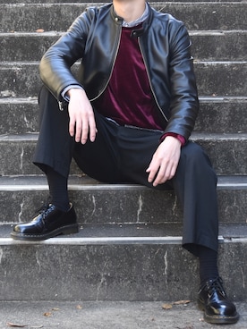 「ベロア」｜「アイテム（ライダースジャケット）」を使った、Sさん（メンズ・176cm）の秋コーディネート