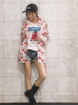 「アイテム（カバーオール、レッド系）」を使った、Hazukiさん（レディース・159cm）の秋コーディネート