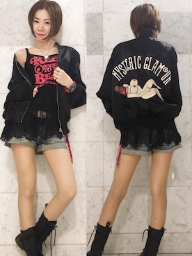 「HYSTERIC GLAMOUR（ヒステリックグラマー）のアイテム（スカジャン）」を使った、Hazukiさん（レディース・159cm）の秋コーディネート