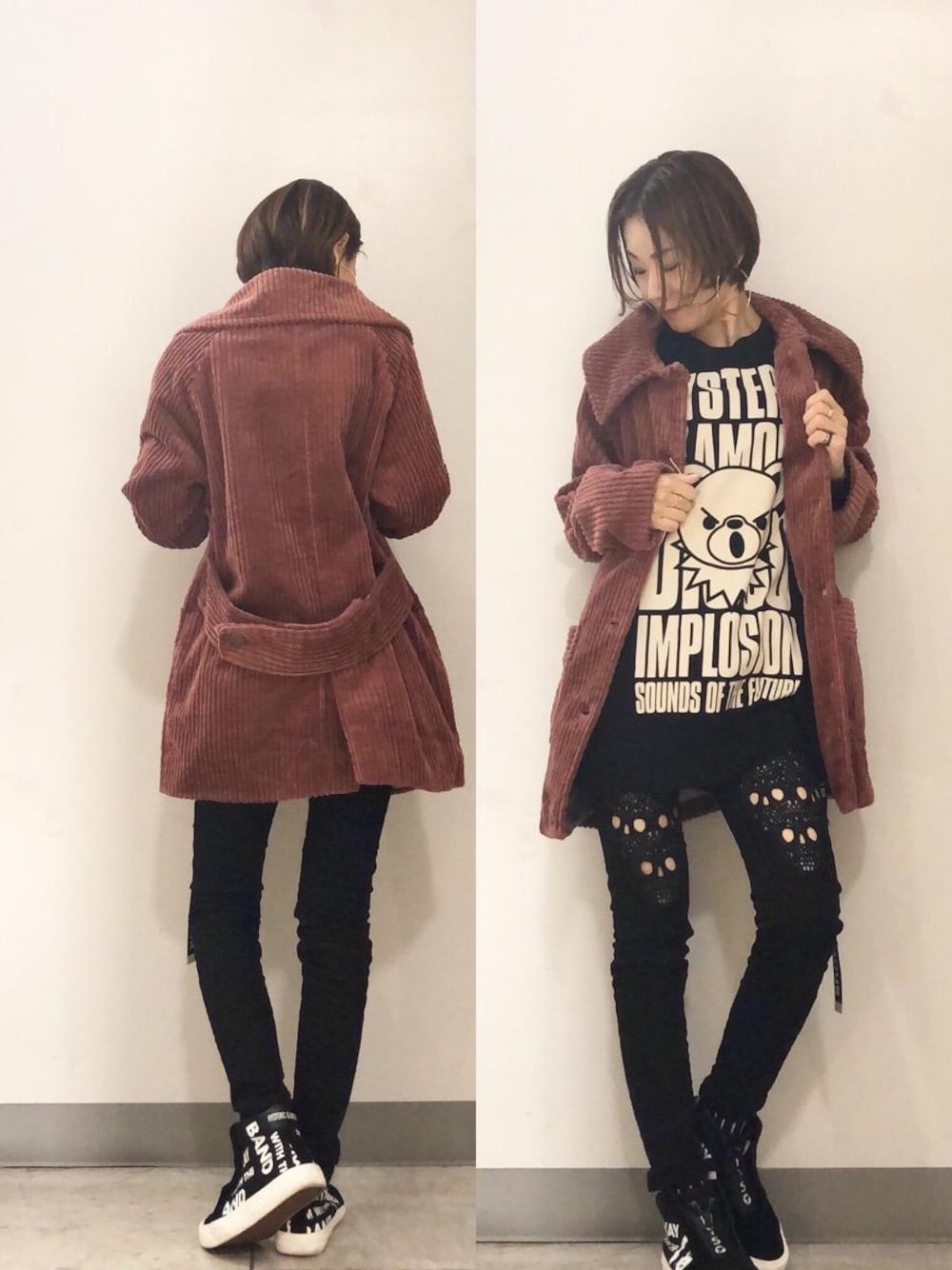 パープル系のピーコート、ブラック系のTシャツ/カットソー、ブラック系のベルトを着用したレディースの秋コーディネートの1枚目の写真