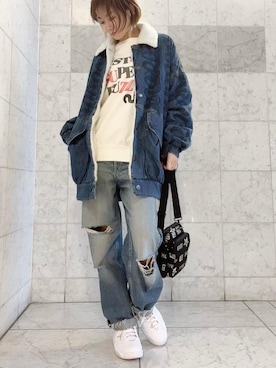 「ロンt」｜「アイテム（デニムジャケット）」を使った、Hazukiさん（レディース・159cm）の秋コーディネート