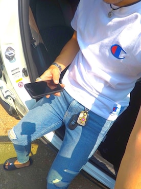 「Champion（チャンピオン）の【Champion/チャンピオン】HERITAGE TEE - INK GRAPHICS　C-LOGO（Tシャツ/カットソー、ホワイト系）」を使った、けんとさん（メンズ・172cm）の夏コーディネート