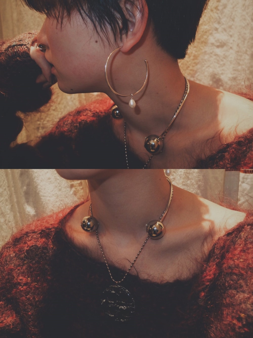 シルバー系のチョーカーを着用したレディースの冬コーディネートの1枚目の写真