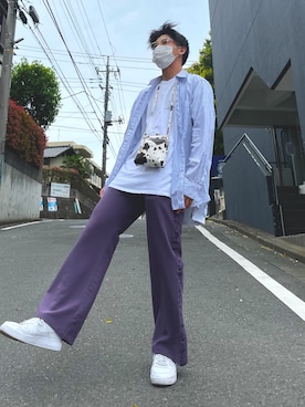 「アイテム（スラックス、パープル系）」を使った、せいやさん（メンズ・170cm）の春コーディネート