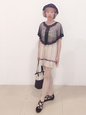 「Handmade（ハンドメイド）のアイテム（ポンチョ）」を使った、bibiさん（レディース・156cm）の夏コーディネート