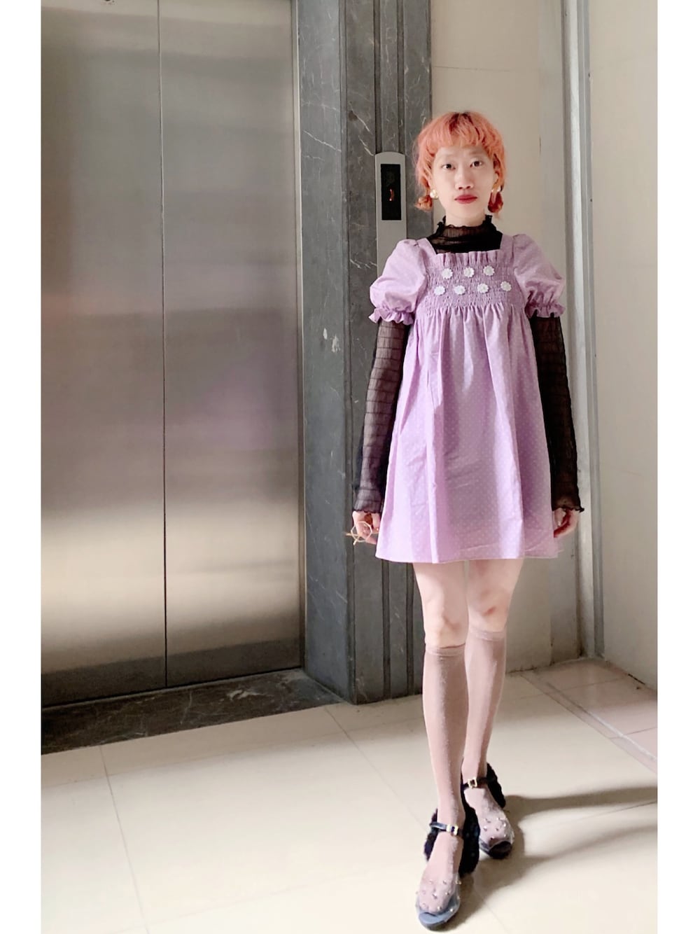 「今日のコーデ、パープル」｜「Katieのアイテム（ワンピース、パープル系）」を使った、bibiさん（レディース・156cm）の春コーディネートの1枚目の写真